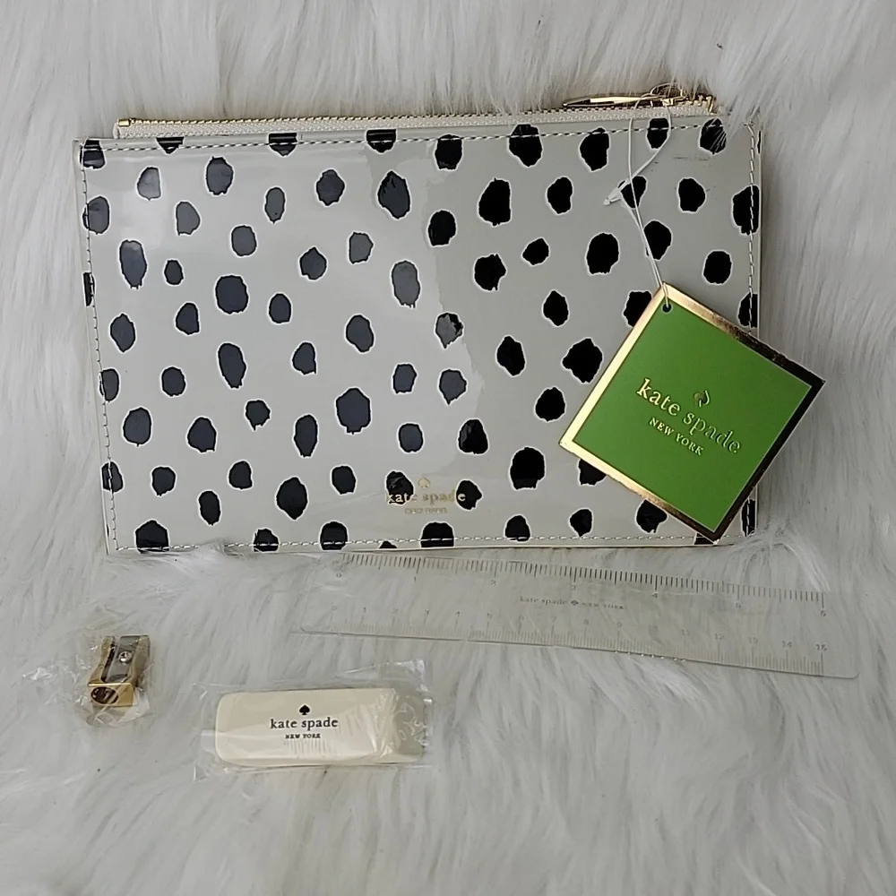 KATE SPADE Ivory Black Spotted Dot Animal‎ Print Preppy Glam Zip Pencil Pouch